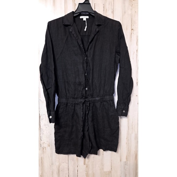 James Perse Pants - James Perse size 0 black 100% Linen Button Romper Jumpsuit Long sleeve
